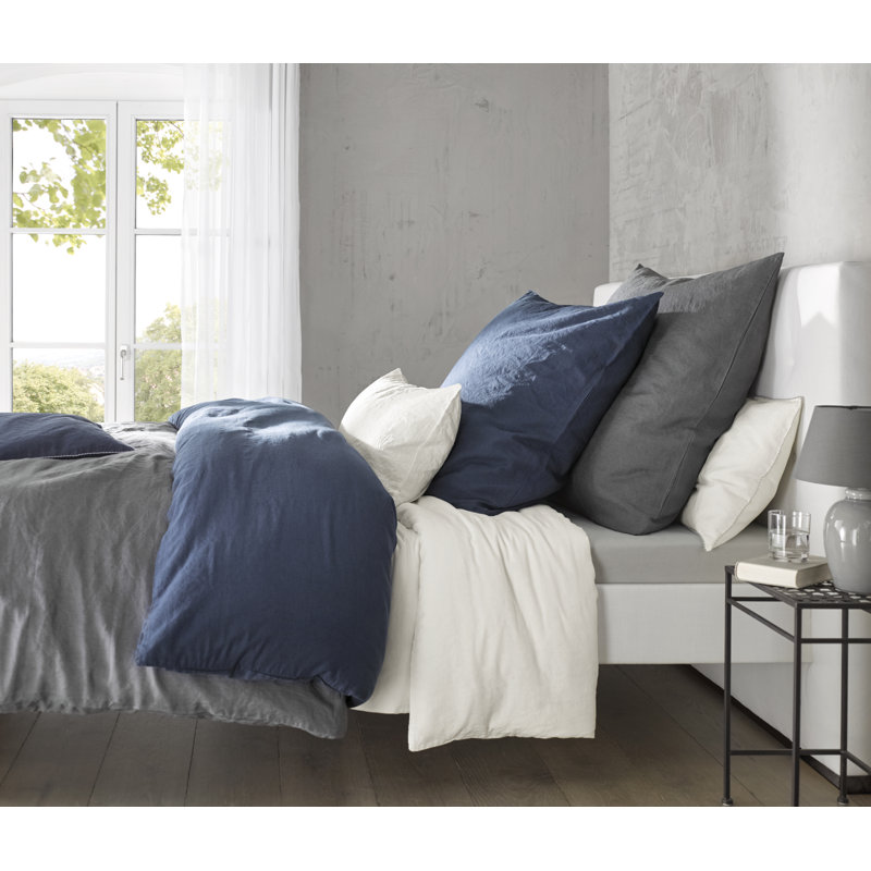 Halbleinen Provence Cotton Blend, Linen Solid Colour Duvet Cover Set with Pillow Shams Included, Navy