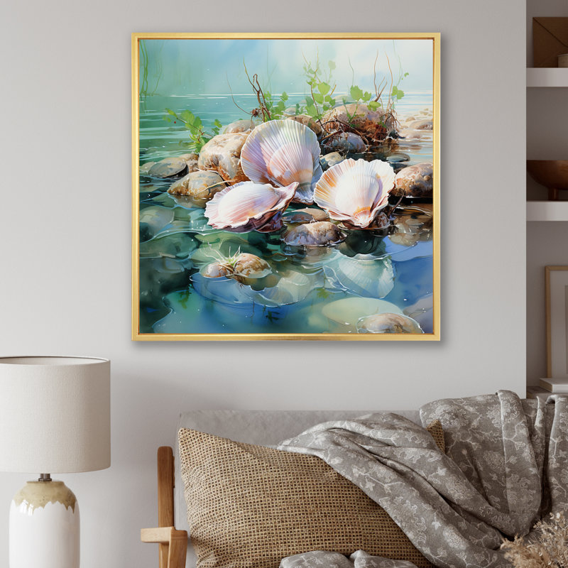 «Animal Clam Marine Harmony» sur toile, Cadre flottant doré, H 30 po x l 30 po x P 1 po
