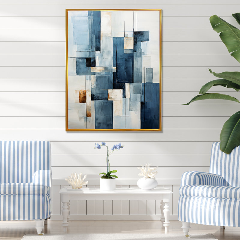 «Blue Nautical Shapes V - Coastal Minimalisme», art mural, H 44 po x l 34 po x P 1,5 po, Cadre flottant doré