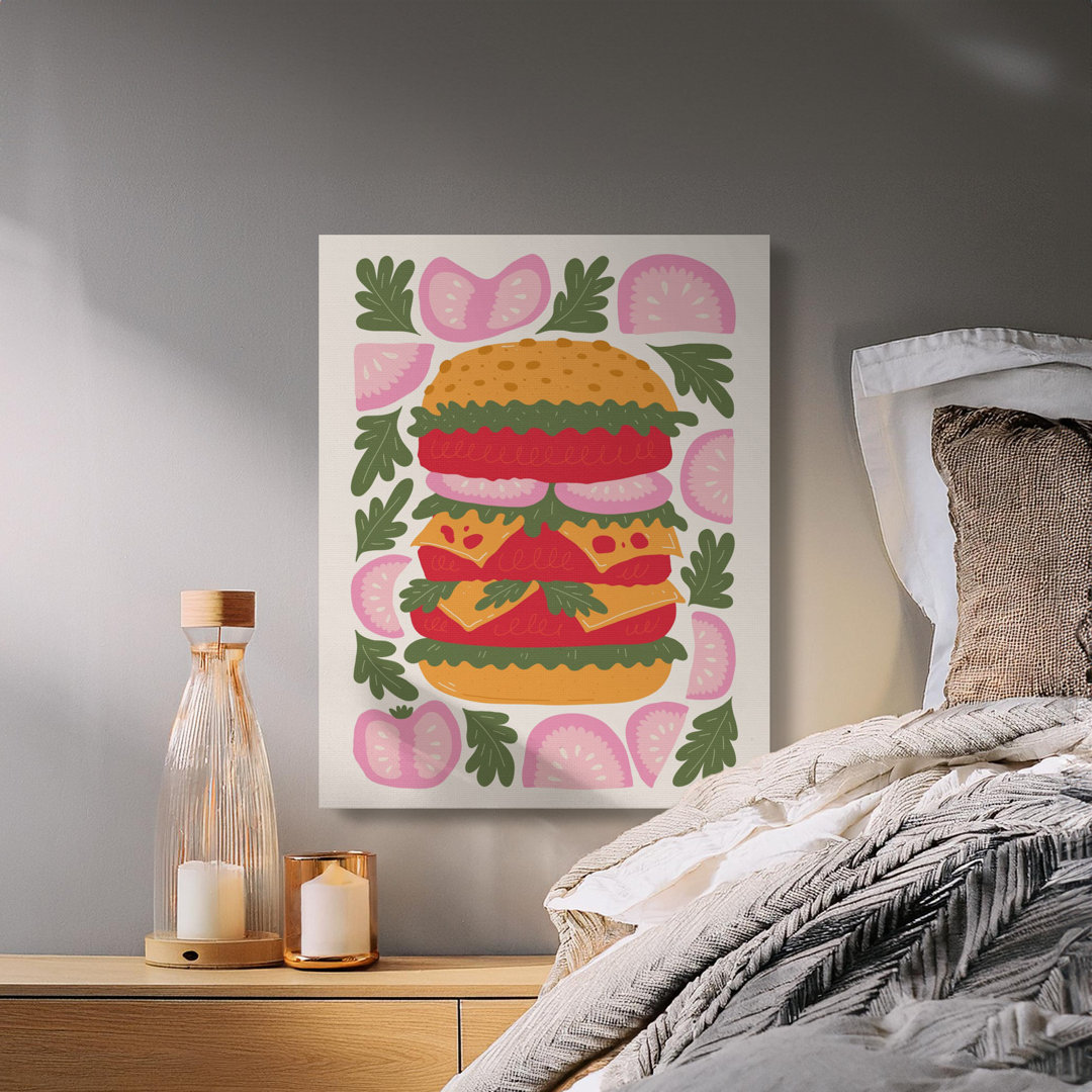 Hamburger Canvas Wall Art, Modern Burger Food Print, Colorful Kitchen Decor, Gallery Wrapped, Ready to Hang, Archival Quality Canvas