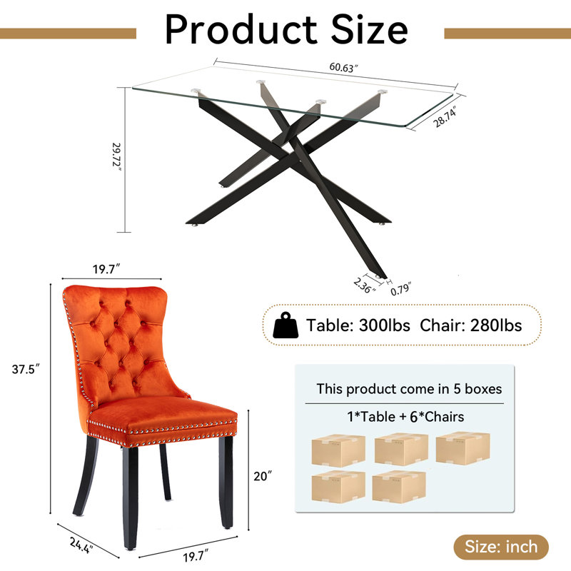 7 Piece Glass Dining Table Set for 6, Modern 60" Glass Kitchen Table with Metal Leg, Tufted Velvet Upholstered Dining Chair, Rectangle Dining Table and Chairs Set for Kitchen
