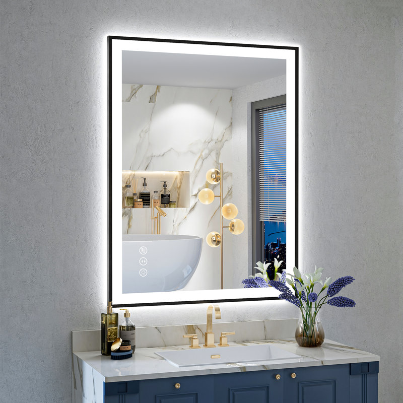 Matte Black Matel Framed Vanity Mirror with Lights, Front-lit and Back-lit, Memory Function, 3 Color Temperatures, Dimmable Light & Anti-fog Tempered Glass ETL Listed LED Mirror