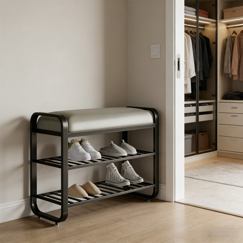 Organisateur de vestibule moderne avec coussin et support de rangement, H 20,4 po x 20,4 po x P 12,5 po, Noir