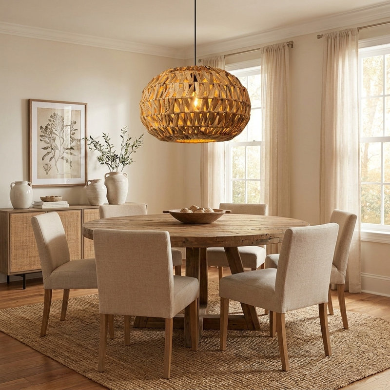 Luminaire suspendu en rotin naturel Hantek, plafonnier suspendu Boho tissé 15 po, douille E26, luminaire de style campagnard nordique pour îlot de cuisine