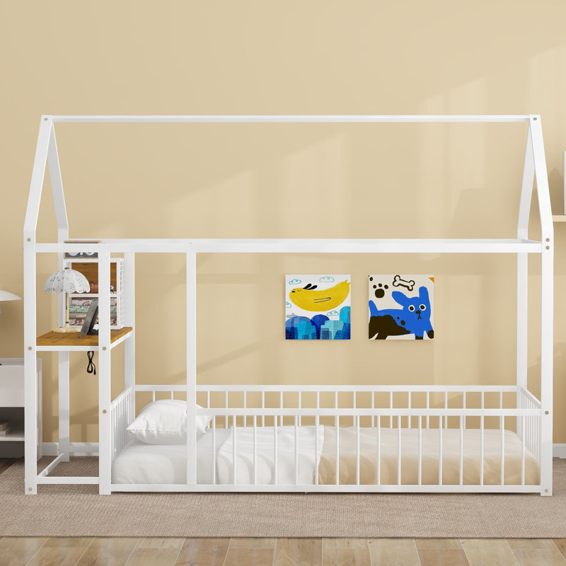 Structure de lit en métal avec bureau, tablettes, prises de courant et ports USB, Blanc, Lit simple