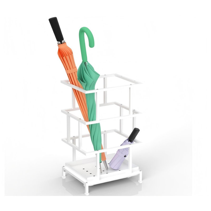 Metal Umbrella Stand With Water Tray And Cane Holder, Adjustable Feet,White