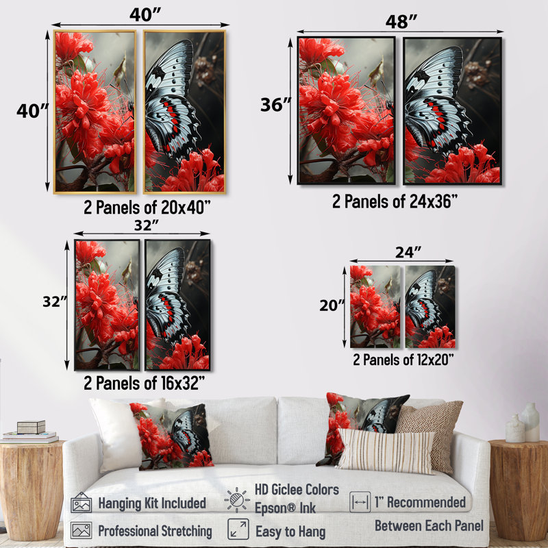Art mural papillon rouge et gris Haven II, H 36 po x l 48 po, Reproduction encadrée sans passe-partout, Brun