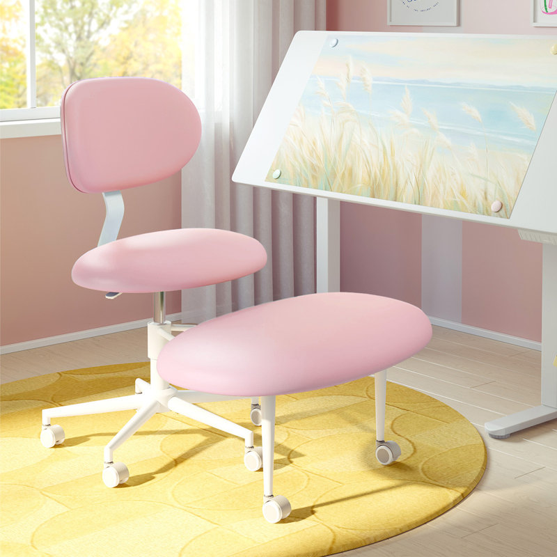Upholstered Office Chair Ergonomic Cross-Legged Desk Chair with Lumbar Support and Wheels Meditation Chair, Pink