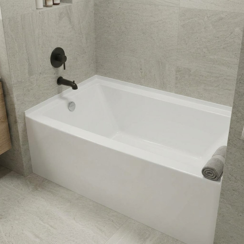 Baignoire de trempage en alcôve en acrylique avec tablier frontal 54 po Condris, débordement rond, drain à gauche, blanc Condris