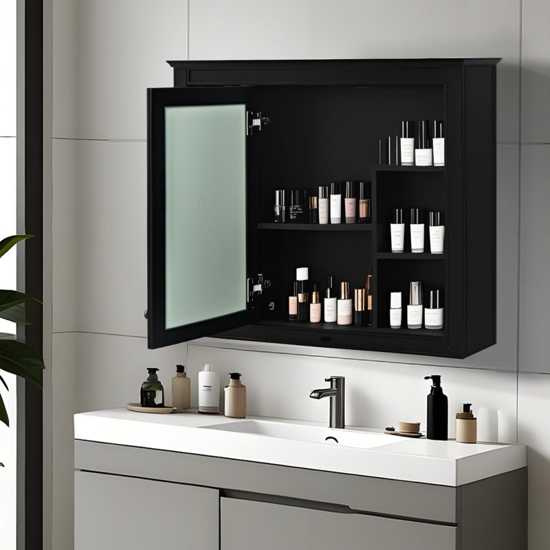 Elin 35 po L 27,5 po H Grande armoire à pharmacie rectangulaire à fixation en surface avec miroir, Noir, noir, noir, noir