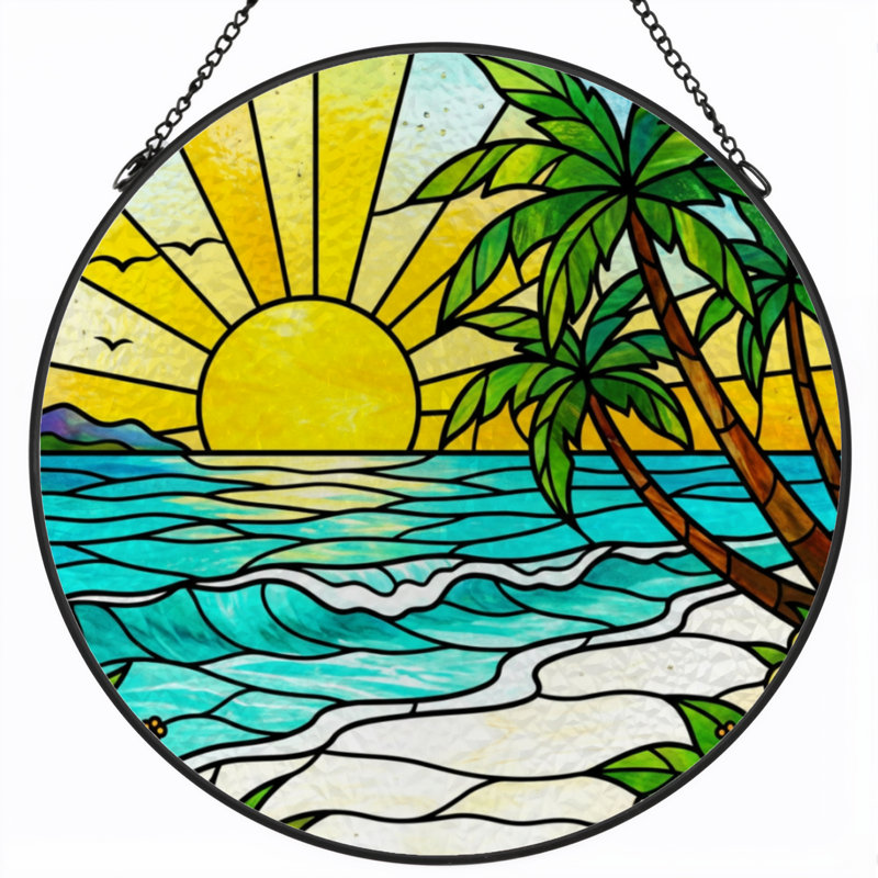 7.8"H Sunset Beach Stained Glass Window Panel, 7.8" H x 7.8" W