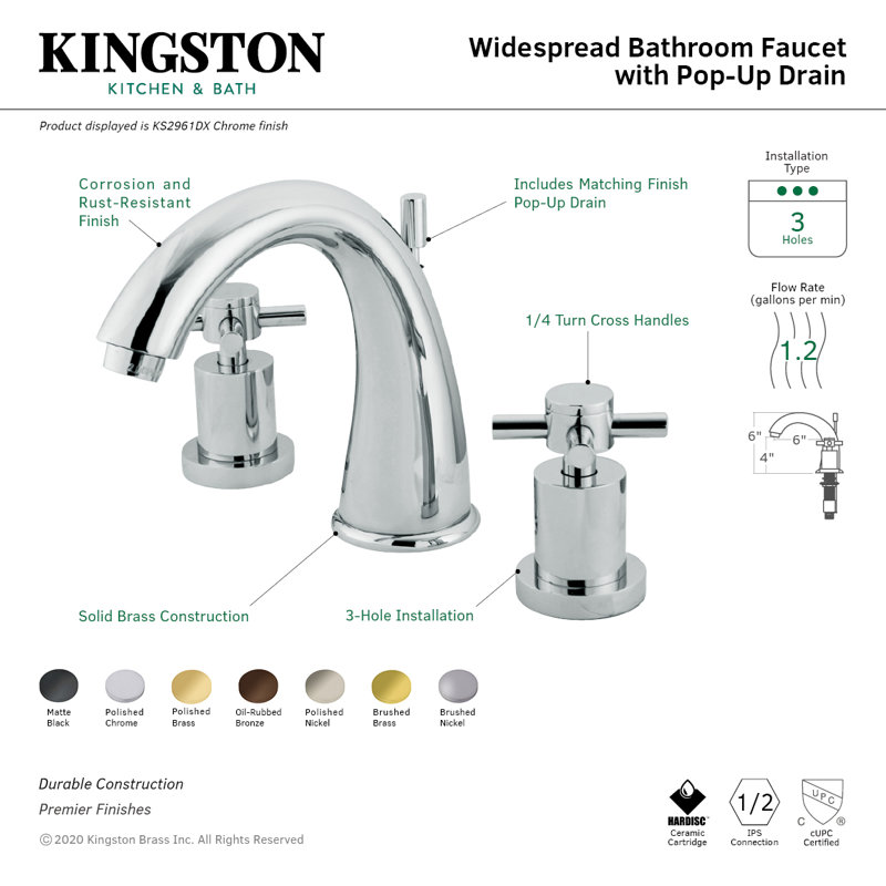 Kingston Brass Concord Two-Handle 3-Hole Deck Mount Widespread Bathroom Faucet with Brass Pop-Up Drain
