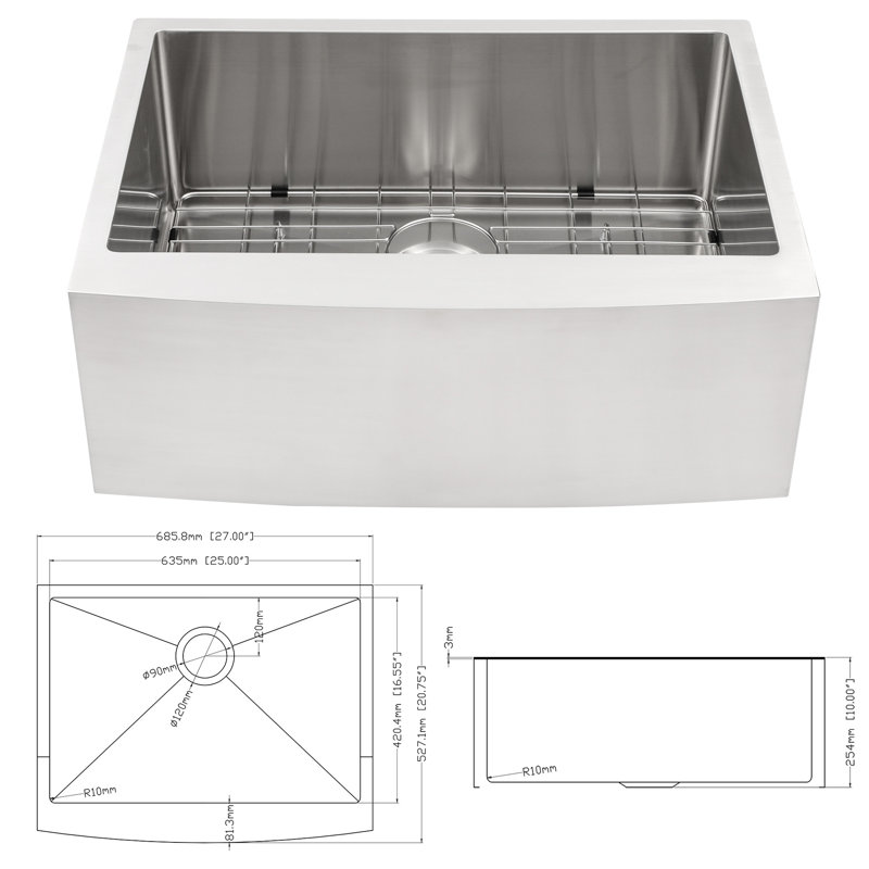 27 Inch Kitchen Sink, Stainless Steel 16G T304, Design, 10" Deep Basin, Condensation Pad, 27"X21"X10 10 27"X21"X10", 16 Gauge R10 Corner, Soundproofing