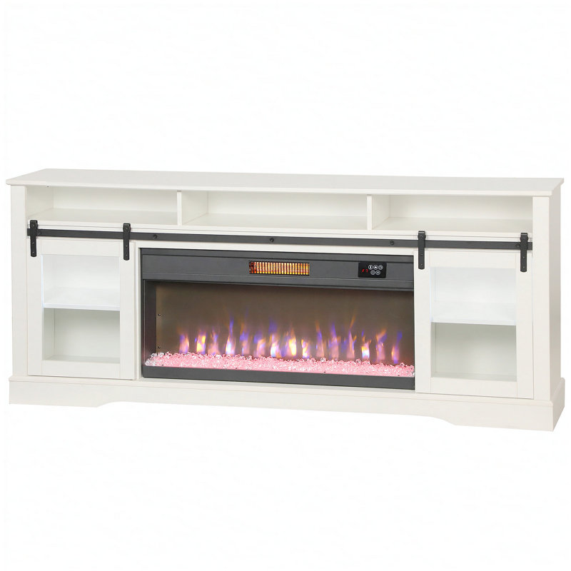 Console télé avec foyer électrique, rangement ouvert et armoires latérales, Blanc