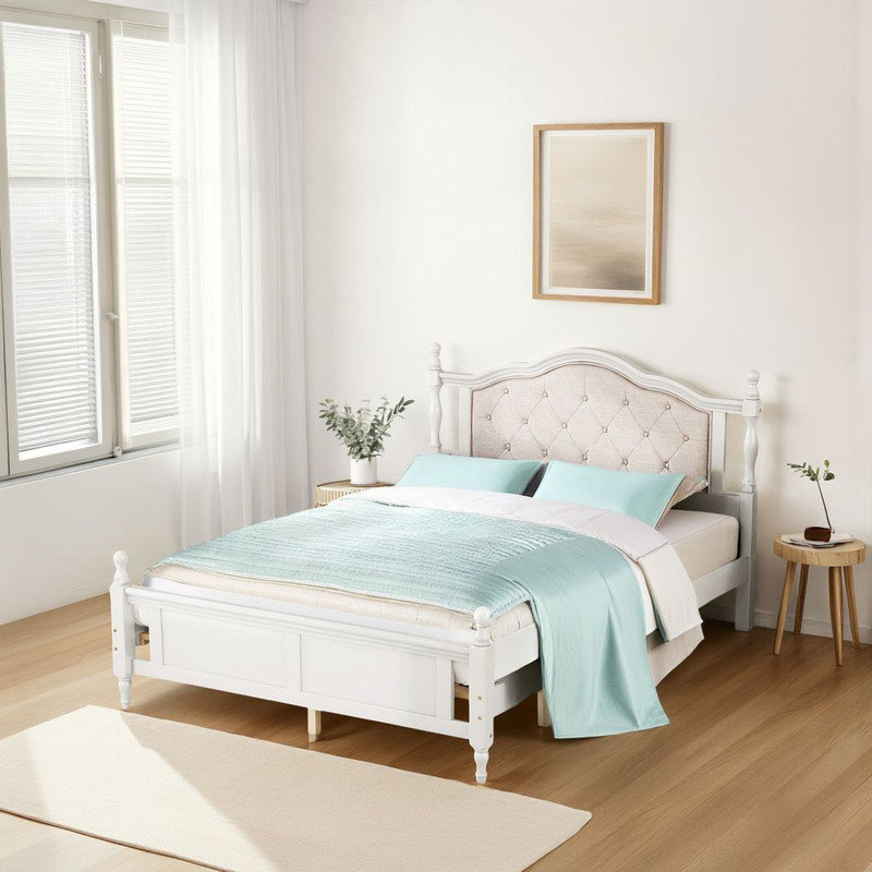 Grand lit Verdent avec rangement dissimulé - Tête de lit tapissier, structure en bois de pin massif, Blanc