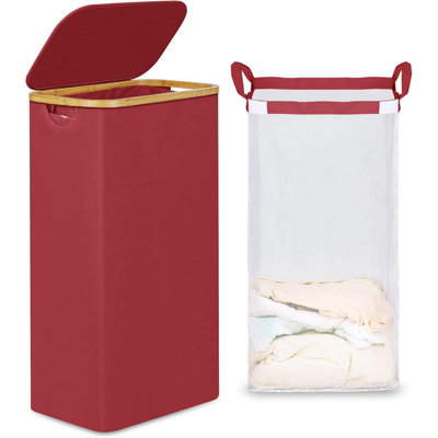 Slim Laundry Basket With Lid, Narrow Laundry Hamper With Removable Bag, Skinny Dirty Clothes Basket With Bamboo Handles For Bathroom, Bedroom & Laundry Room, 75L