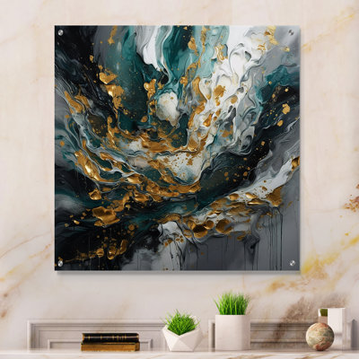 Encre de sarcelle dorée sur pierre - art abstrait acrylique sur verre
