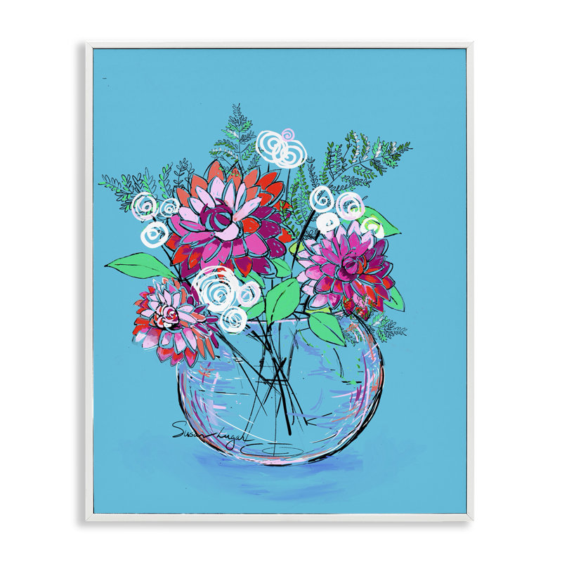 Dahlias dans un vase transparent, estampe numérique, design par Susan Lugar, H 30 po x l 24 po