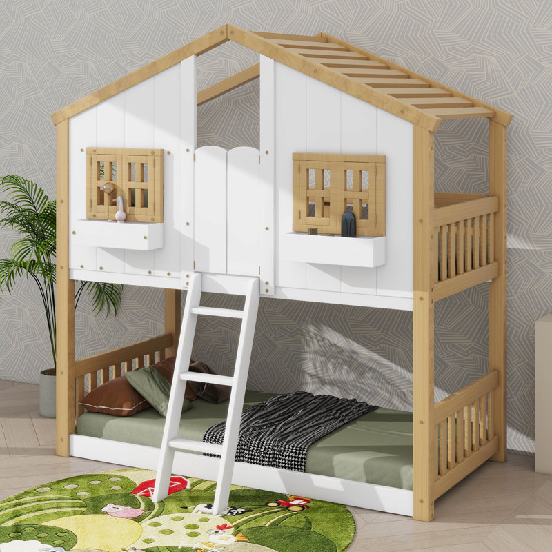 Twin-Over-Twin House-Themed Bunk Bed Complete With Roof, Window, Window Box, Door, Safety Rails, And Ladder, Natural/White