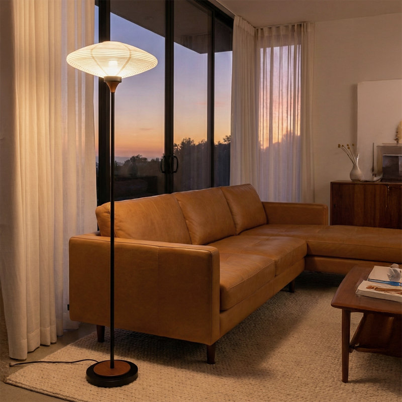 Lampe torchère Roswell - noir mat, noyer, abat-jour en lin Washi, base en marbre noir, gradateur
