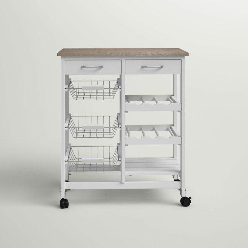Chariot de cuisine à roulement de chêne avec deux tiroirs et deux paniers, blanc