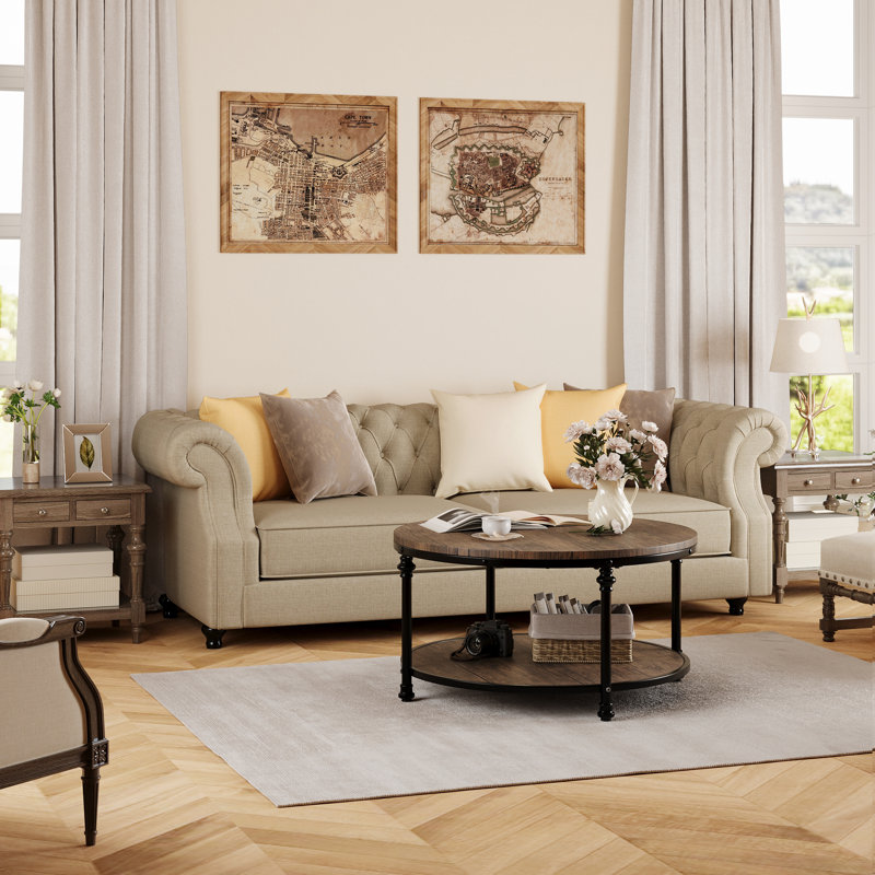 34.2" Rustic Farmhouse Round Coffee Table - 2-Tier Storage with Roman Column Metal Frame & Wood Top - Easy Assembly Living Room Center Table, Wood Brown