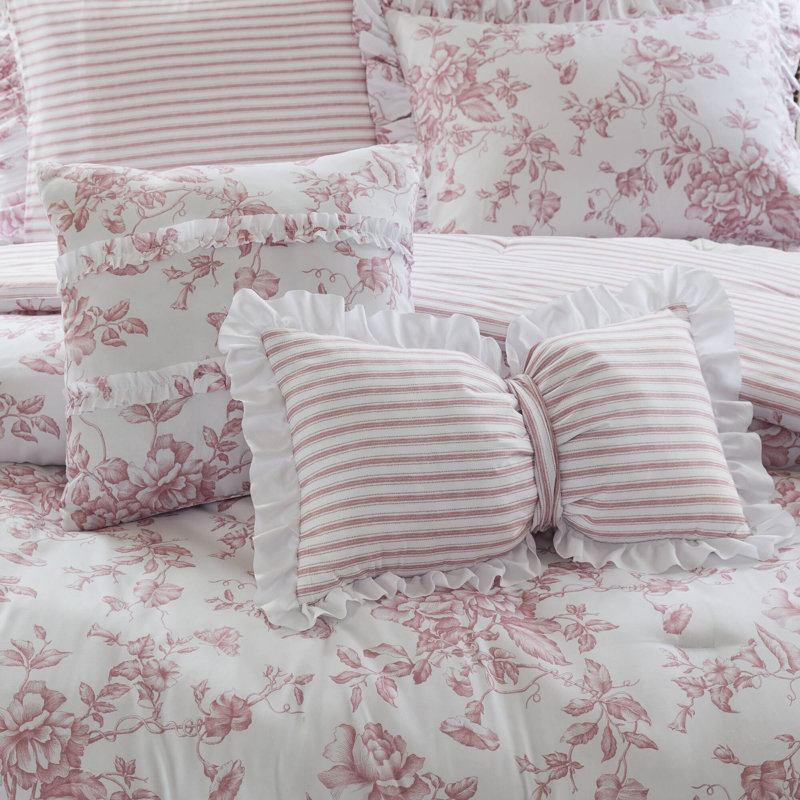 Ensemble d'édredon 5 pièces avec coussins décoratifs Adele, Motif floral rose, Édredon double/grand + 4 pièces additionnelles