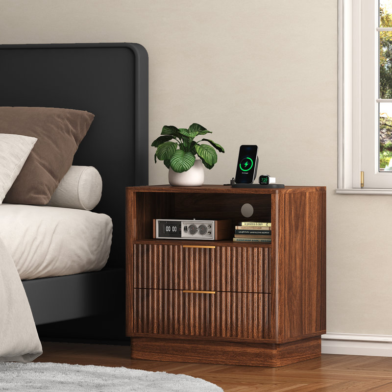 23.6" W 2 - Drawer Nightstand with Charging Station and LED Light, Walnut