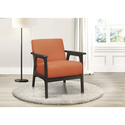 Siège rembourré orange, structure en bois d'hévéa massif, fauteuil d'appoint de salon gris antique en tissu, finition, essentiel