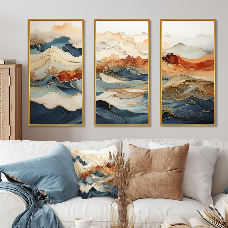 Abstrait orange et bleu, rivière bleue, encre III, ensemble d'art sur toile marbrée, H 32 po x l 48 po x P 1 po