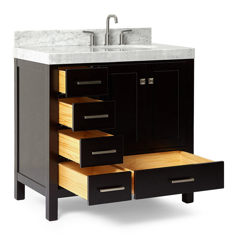 Ariel Cambridge 36 In. Right Offset Vanity With 2 In. Carrara Marble Countertop, Espresso