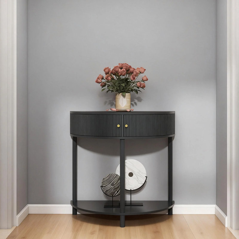 Table d'entrée, table demi-lune avec 2 tiroirs de rangement en rotin, petites tables rondes circulaires pour le couloir, consoles étroites pour le salon (gris foncé)