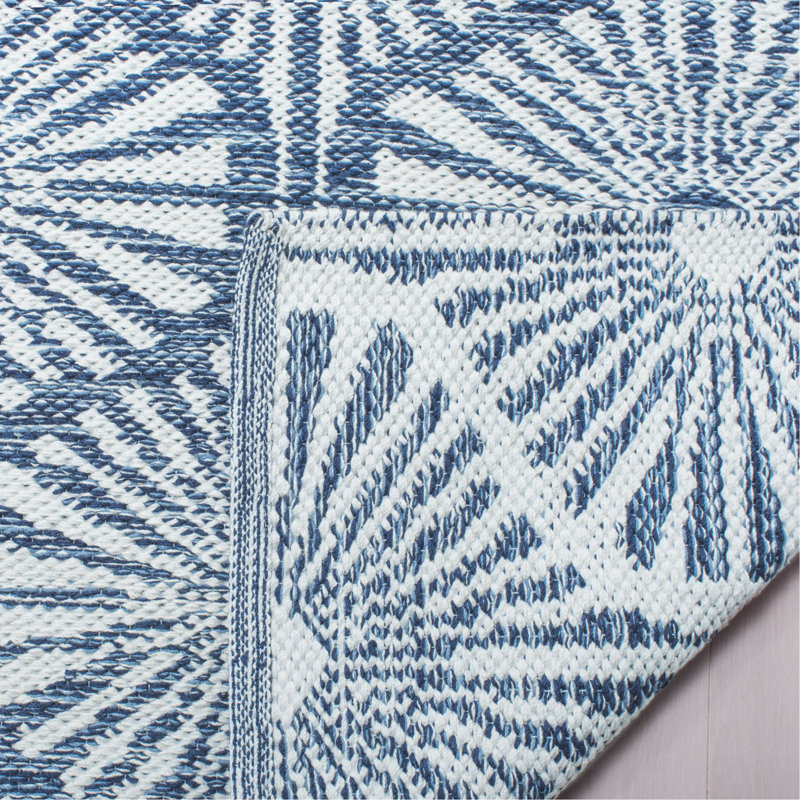 Tapis bleu marine / ivoire à motif géométrique tissé à plat à la main Oak Hill, Rectangle 5 pi x 8 pi