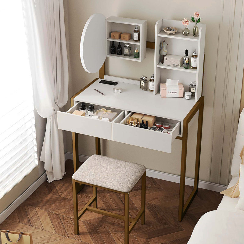 Small LED Lighted Vanity Desk with Mirror, Makeup Table with 3 Lighting Modes, Power Outlet, Drawer, Open Shelves & Cushioned Stool for Bedroom, White & Gold