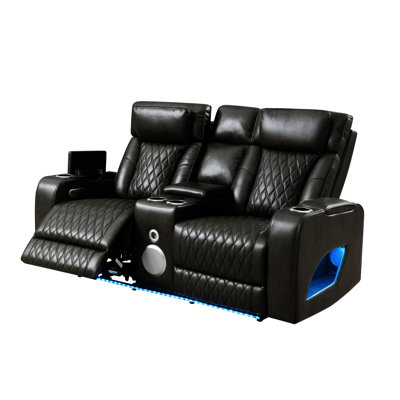 Causeuse à mouvement électrique en cuir synthétique gris foncé avec console, haut-parleur, USB, chargeur sans fil et DEL Taddeo