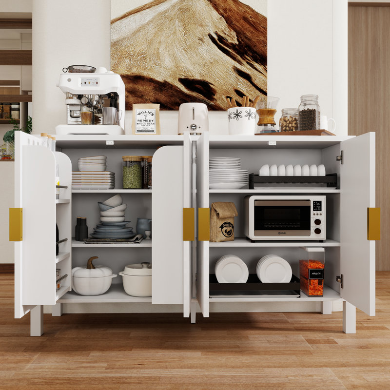57.5" Modern Storage Sideboard With Door Racks And Side Hooks,MDF Cabinet With Adjustable Shelves, White