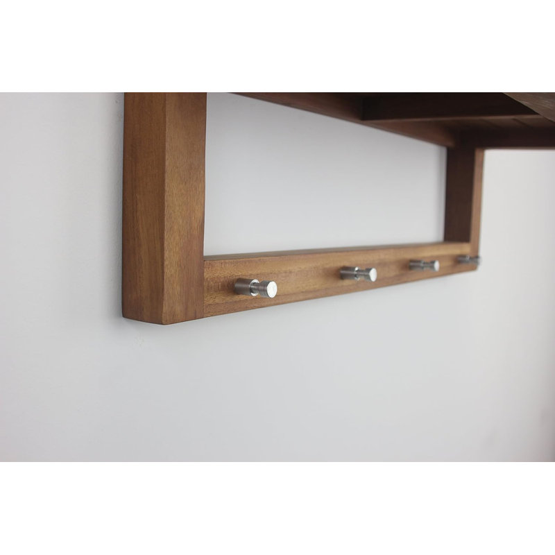 Étagère flottante en teck de 61 cm (24 po) avec 4 crochets, fixation murale durable et résistante à l'eau, quincaillerie de montage incluse