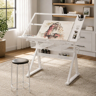 Table à dessin à manivelle réglable en verre, blanche, avec chaise et rangement, pour bureau ou chambre à coucher