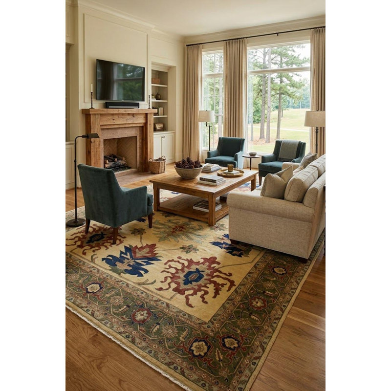Tapis unique en laine noué à la main style Heriz Sultanabad des années 1980 de 13 pi x 19 pi 5 po beige