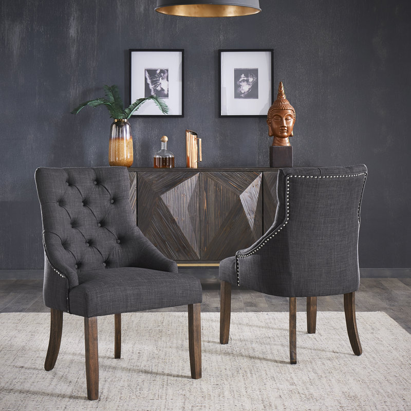 Dukinfield Upholstered Side Chair, Heathered Dark Grey Linen, Brown