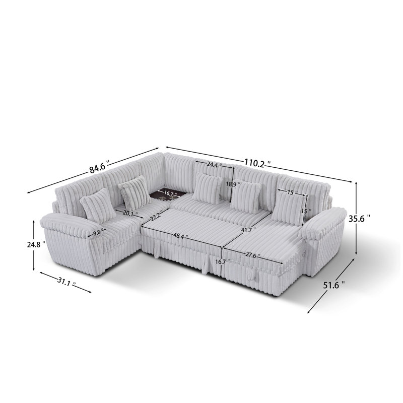 110-Inch U-Shaped Corduroy Sectional Sofa With Storage And Pull-Out Bed, USB Port & Cup Holder,Light Gray