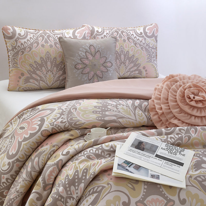 Ensemble d'édredon réversible en microfibre 6 pièces Amelia, Édredon de grande taille et 6 pièces supplément, Rosé