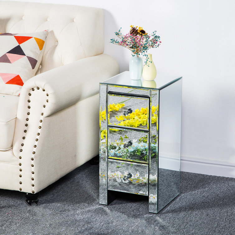 Cassie Mirrored Glass Bedside Table With Three Drawers Size