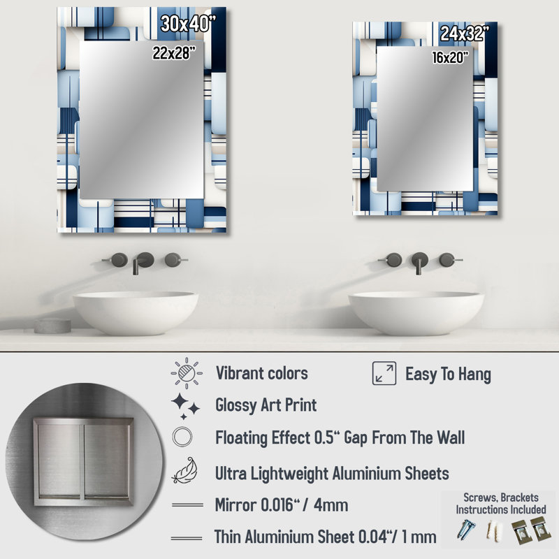 Hassane White And Blue Geometric Blocks Harmony - Geometric  Mirror, Modern Unique Wall Mirror, Printed Metal Art, 40" x 30"