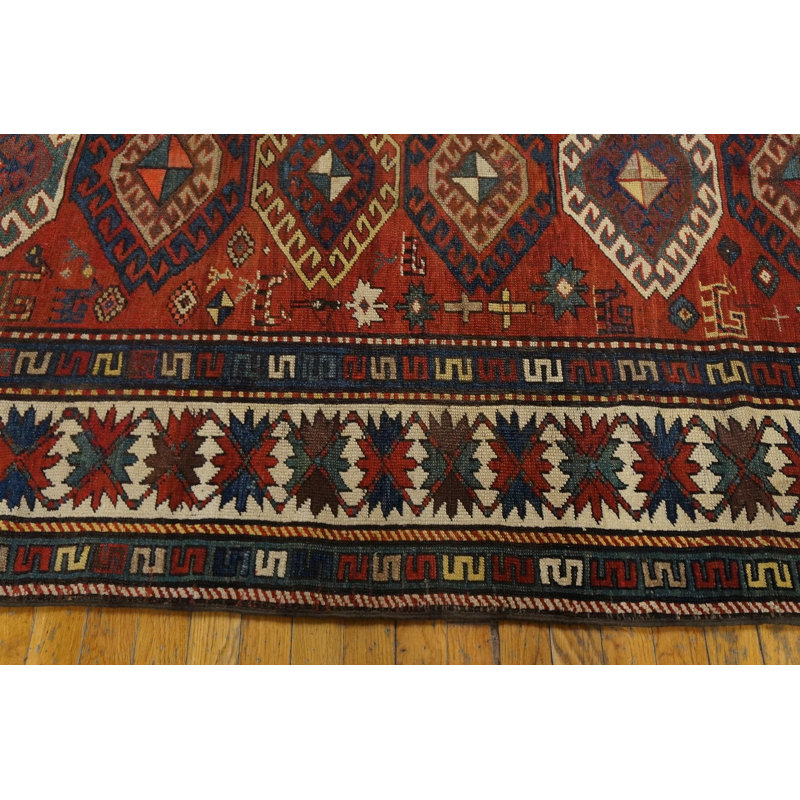 Antique Tribal Geometric Colorful Caucasian Kazak Rug