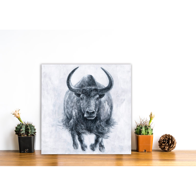Taureau qui court - peinture sur toile tendue, H 20 po x l 20 po x 1,5 po
