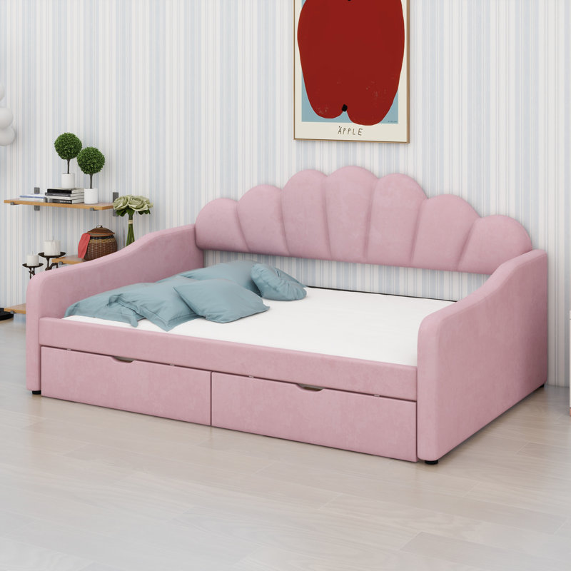 Modern Shell-Back Daybed Frame In Soft Upholstery With Smooth-Glide Under, Pink