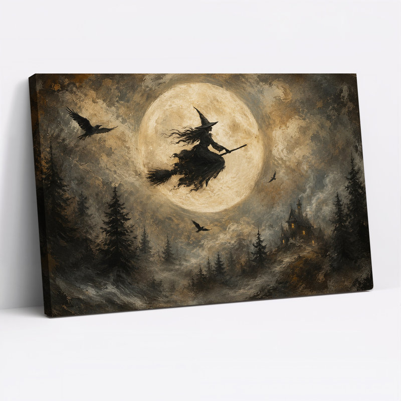 Sorcière volant sur un manche à balai au-dessus d'une forêt et d'un art d'Halloween complet, H 16 po x l 24 po