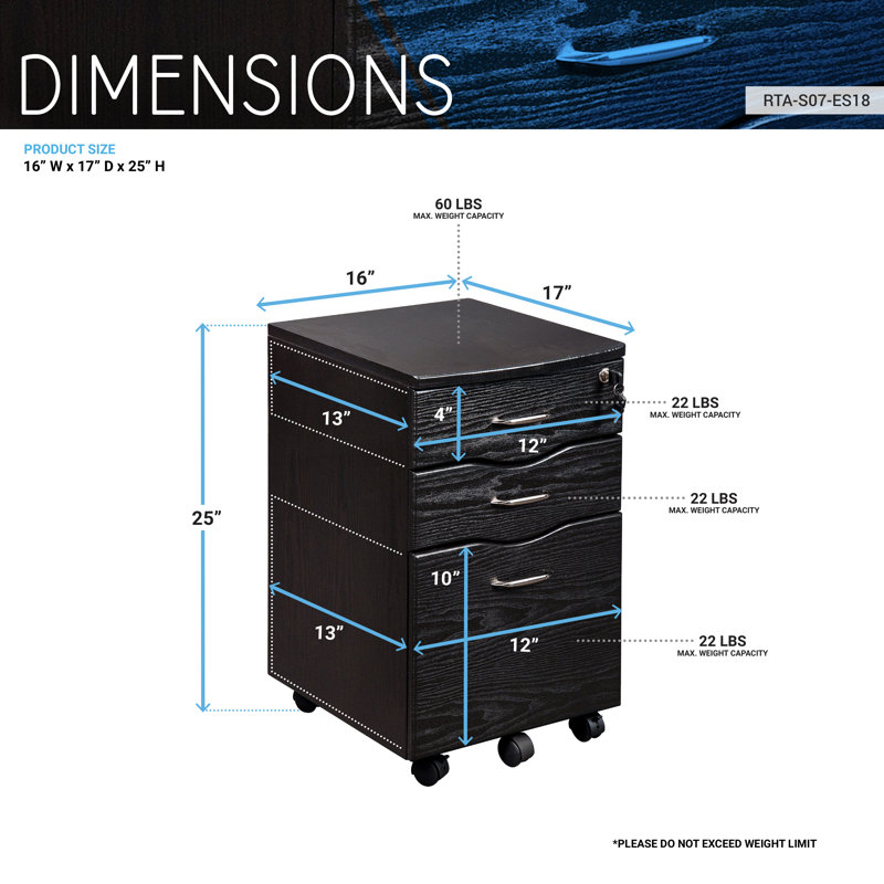 Espresso 3-Drawer Lockable Mobile Filing Cabinet