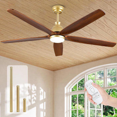 Solid Wood Ceiling Fan with Light, Modern Farmhouse Ceiling Fan with Remote Control, 5 Natural Solid Wood Blades, Quiet Reversible DC Motor, Dimmable LED Light, 6 Speed Ceiling Fan for Living Room Kitchen Dining Room，52/60/72 Inch